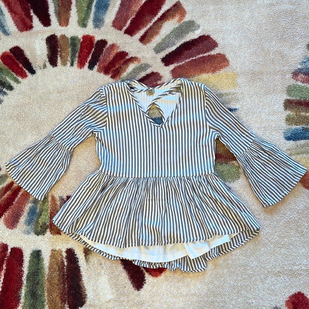 True Craft grey and white vertical striped blouse